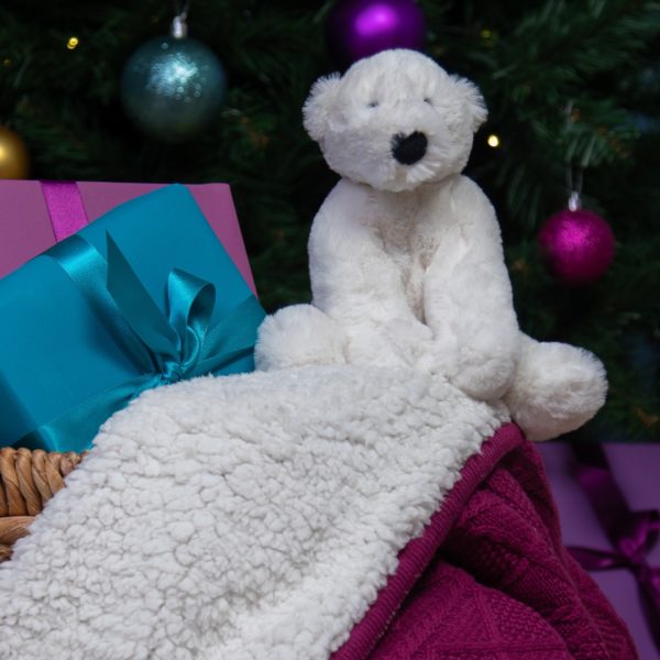 Ziggle personalised raspberry sherpa fleece cable baby blanket and Jellycat perry polar bear gift set