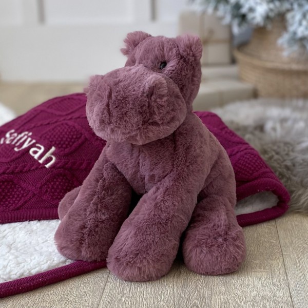 Ziggle personalised sherpa fleece cable baby blanket and Jellycat huggady hippo gift set