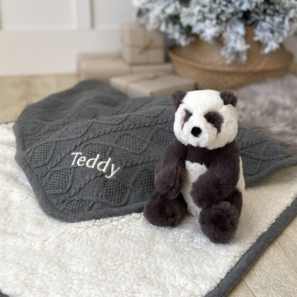 Ziggle personalised sherpa fleece cable baby blanket and Jellycat harry panda cub gift set