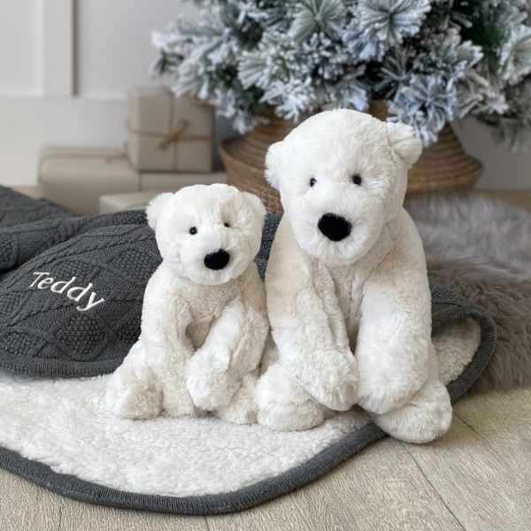 Ziggle personalised grey sherpa fleece cable baby blanket and Jellycat perry polar bear gift set