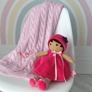 Personalised Toffee Moon cable blanket and Kaloo Emma K my first doll gift set