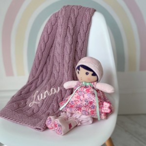 Personalised Toffee Moon cable blanket and Kaloo Fleur K my first doll gift set