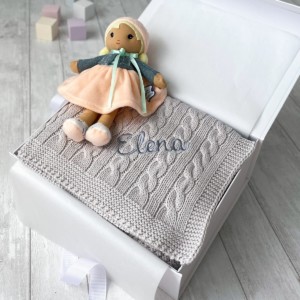 Personalised Toffee Moon cable blanket and Kaloo Chloe K my first doll gift set
