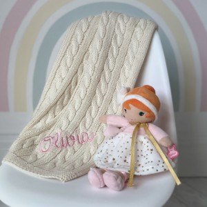 Personalised Toffee Moon cable blanket and Kaloo Valentine K my first doll gift set