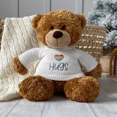 Aurora large brown bonnie teddy bear with rainbow heart hugs jumper 2