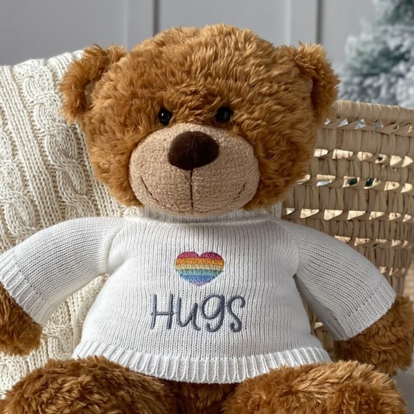 Aurora large brown bonnie teddy bear with rainbow heart hugs jumper