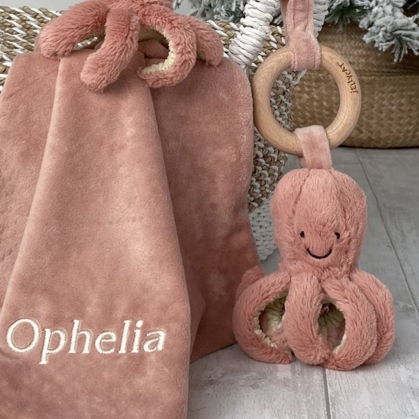 Personalised Jellycat odell octopus comforter and wooden ring toy baby gift set