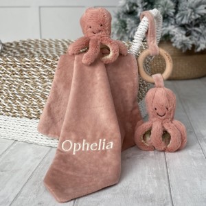Personalised Jellycat odell octopus comforter and wooden ring toy baby gift set