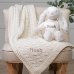 Personalised Toffee Moon luxury cream cable baby blanket and cream Jellycat bashful bunny Baby Shower Gifts 3