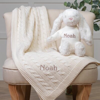 Personalised Toffee Moon luxury cream cable baby blanket and cream Jellycat bashful bunny