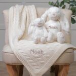 Personalised Toffee Moon luxury cream cable baby blanket and cream Jellycat bashful bunny Baby Shower Gifts 4