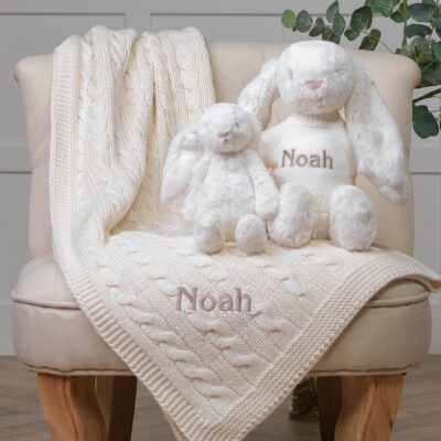 Personalised Toffee Moon luxury cream cable baby blanket and cream Jellycat bashful bunny 2