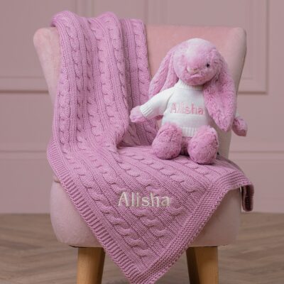 Personalised Toffee Moon luxury dawn pink cable baby blanket and tulip Jellycat bashful bunny