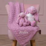 Personalised Toffee Moon luxury dawn pink cable baby blanket and tulip Jellycat bashful bunny Blankets 4
