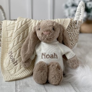 Personalised Toffee Moon luxury cream cable baby blanket and Jellycat bashful bunny