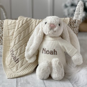 Personalised Toffee Moon luxury cream cable baby blanket and Jellycat bashful bunny
