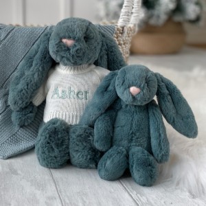 Personalised Toffee Moon luxury aqua cable baby blanket and Jellycat bashful bunny