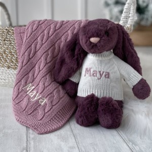 Personalised Toffee Moon luxury pink cable baby blanket and Jellycat bashful bunny
