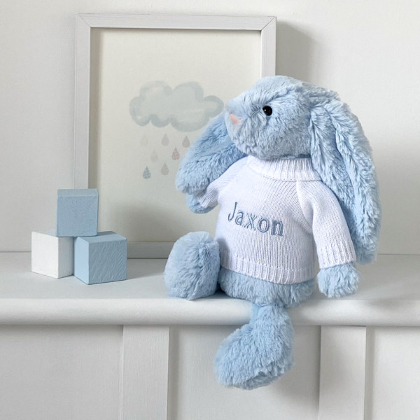 Personalised Jellycat bashful bunny soft toy in pale blue or silver