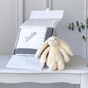 My first blanket and bunny set – Ziggle personalised white cellular baby blanket and Jellycat bunny