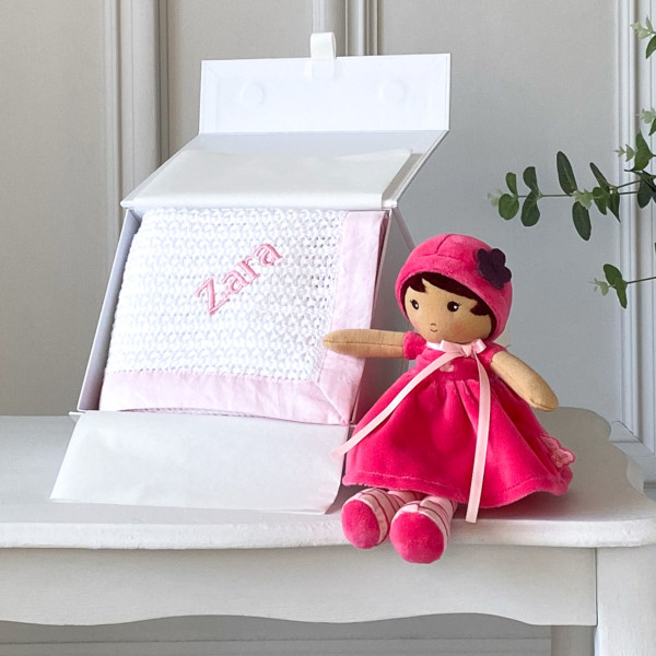 My first blanket and doll set – Ziggle personalised white cellular baby blanket and Kaloo doll