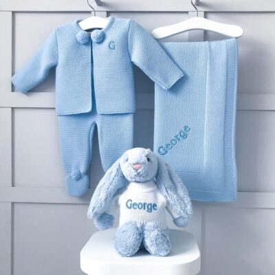 Dandelion personalised receiving shawl, knitted jacket and leggings and Jellycat bashful bunny gift set Baby Shower Gifts 2