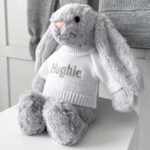 Dandelion personalised receiving shawl, knitted jacket and leggings and Jellycat bashful bunny gift set Baby Gift Sets 5