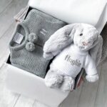 Dandelion personalised receiving shawl, knitted jacket and leggings and Jellycat bashful bunny gift set Baby Gift Sets 6