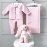 Dandelion personalised receiving shawl, knitted jacket and leggings and Jellycat bashful bunny gift set Baby Shower Gifts 3