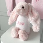 Dandelion personalised receiving shawl, knitted jacket and leggings and Jellycat bashful bunny gift set Baby Shower Gifts 5