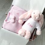 Dandelion personalised receiving shawl, knitted jacket and leggings and Jellycat bashful bunny gift set Baby Gift Sets 6