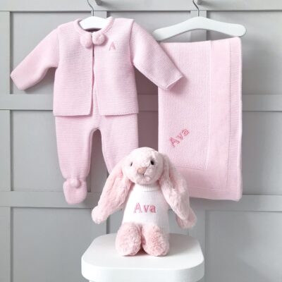 Dandelion personalised receiving shawl, knitted jacket and leggings and Jellycat bashful bunny gift set