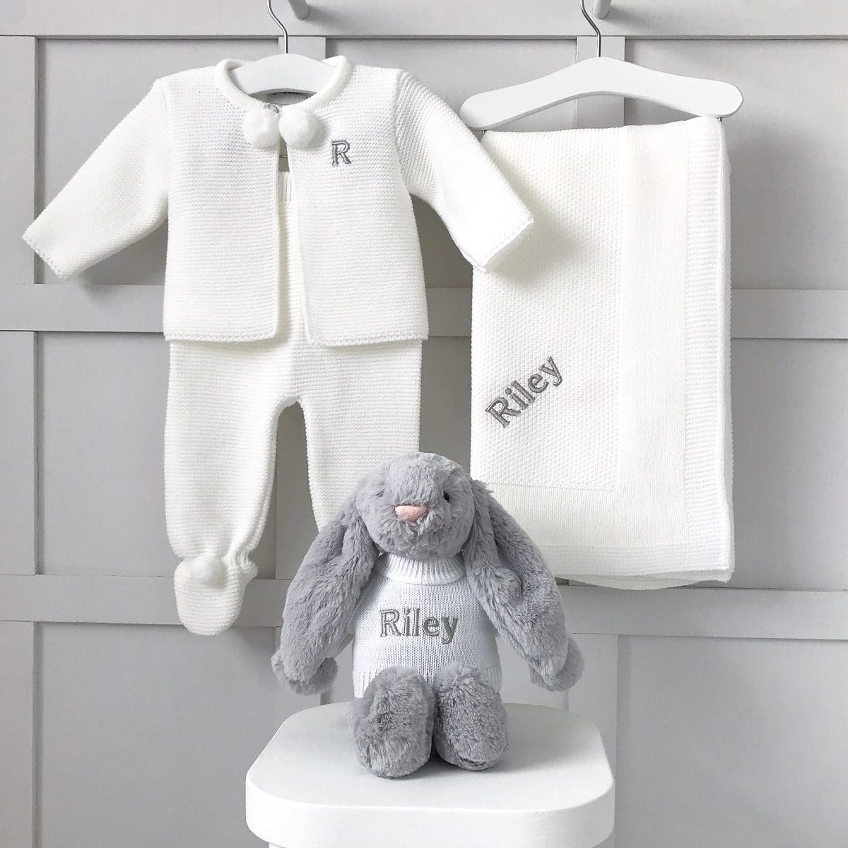Dandelion personalised receiving shawl, knitted jacket and leggings and Jellycat bashful bunny gift set