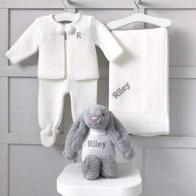 Dandelion personalised receiving shawl, knitted jacket and leggings and Jellycat bashful bunny gift set 2