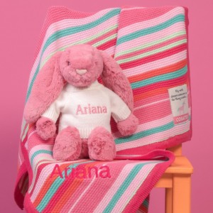 Personalised Cosatto pink stripe blanket and Jellycat soft toy gift set