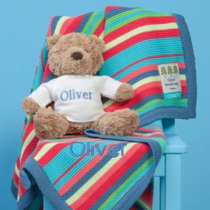 Personalised Cosatto multi stripe blanket and Jellycat soft toy gift set