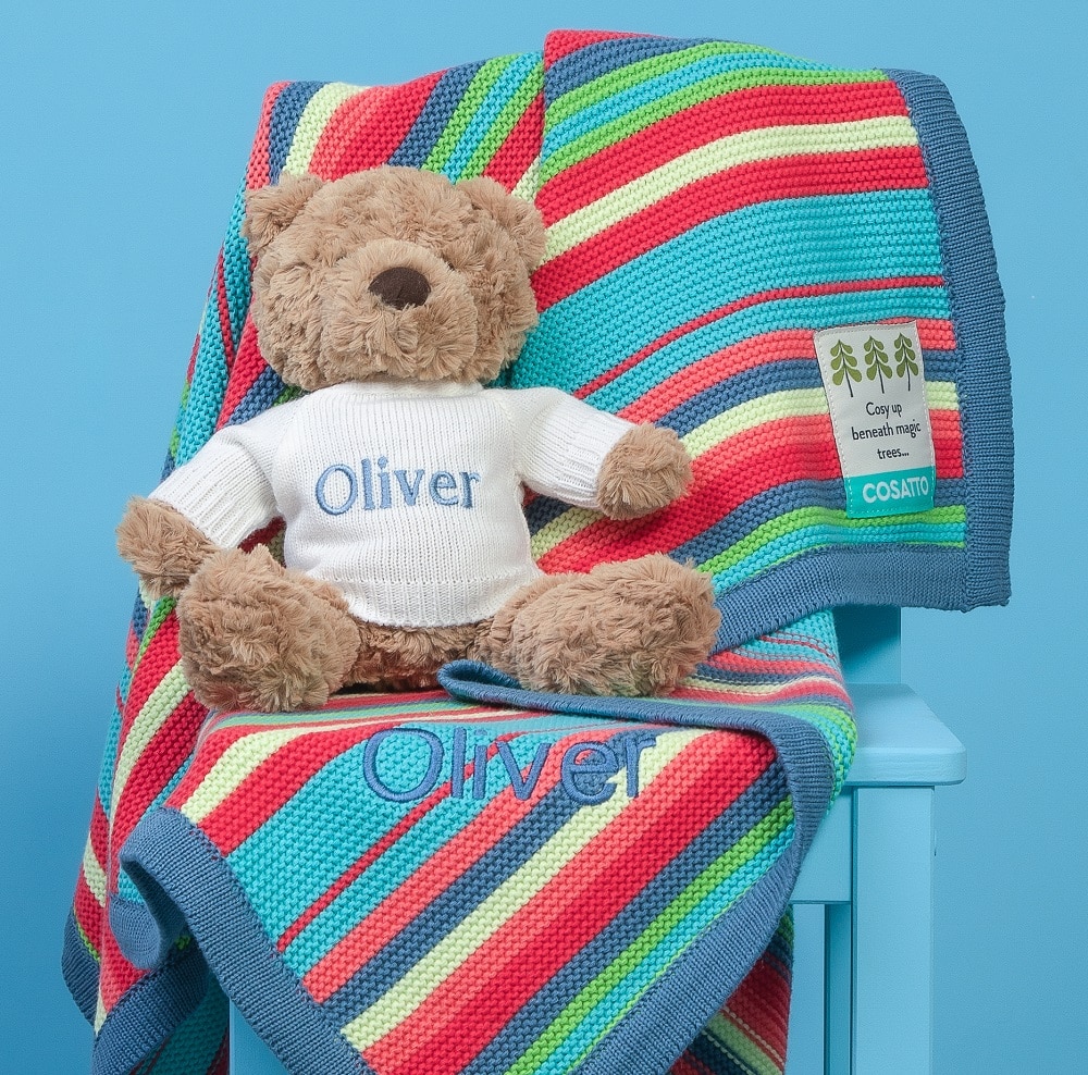 Personalised Cosatto multi stripe blanket and Jellycat soft toy gift set