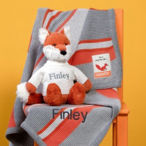 Personalised Cosatto grey and orange stripe blanket and Jellycat soft toy gift set