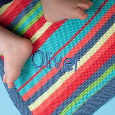 Cosatto personalised knitted multi colour stripe blanket