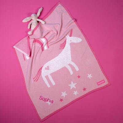 Cosatto personalised pink unicorn land knitted blanket Personalised Baby Gift Offers and Sale