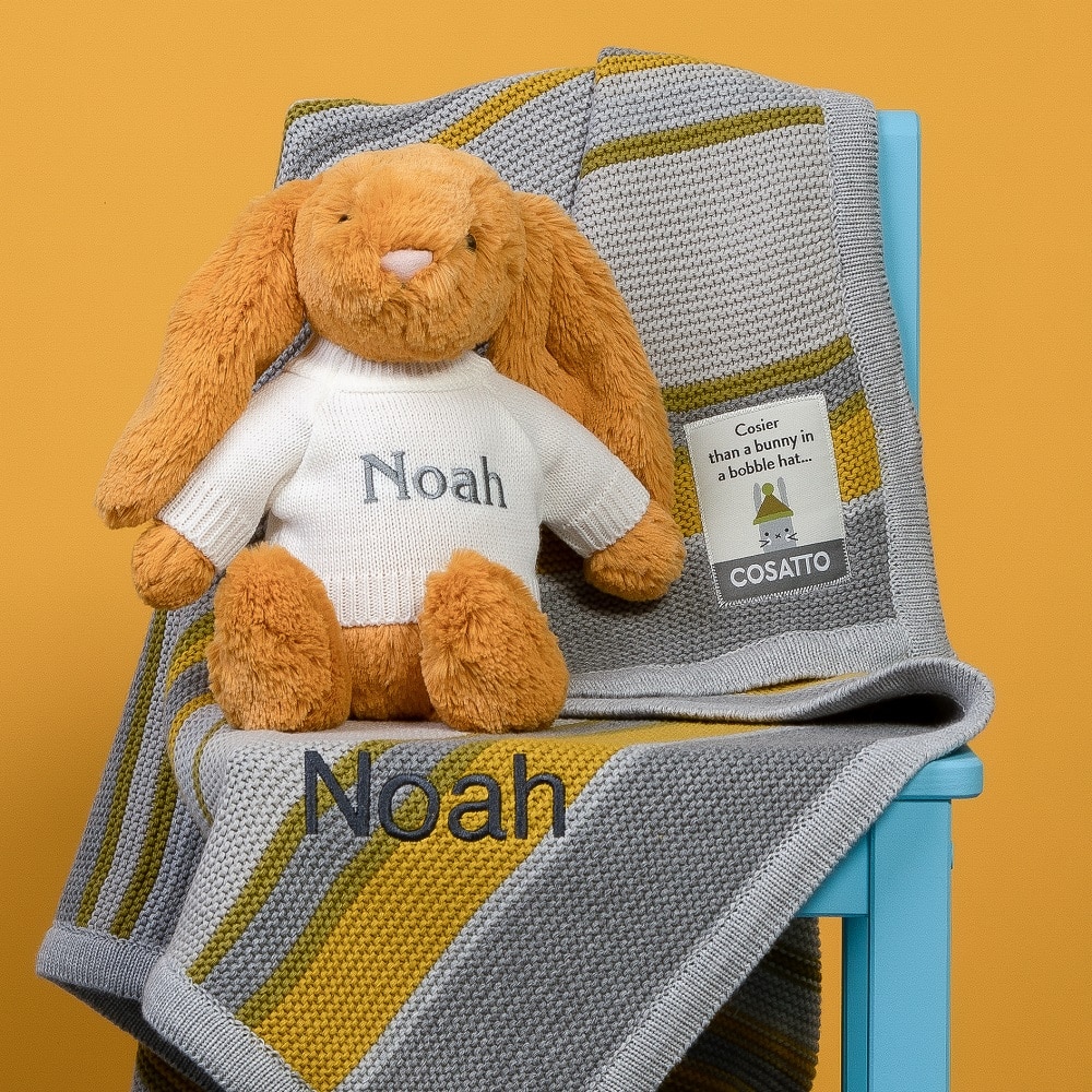 Personalised Cosatto grey and yellow stripe blanket and Jellycat bashful bunny gift set