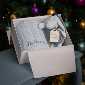 Toffee Moon personalised luxury cable baby blanket and Eeyore soft toy