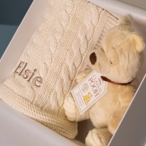 Toffee Moon personalised luxury cable baby blanket and Winnie the Pooh soft toy