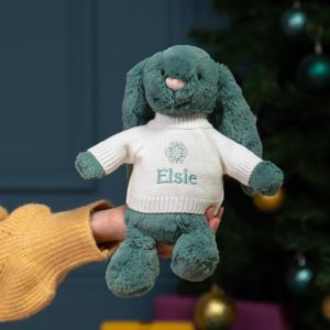 Personalised Jellycat medium bashful bunny soft toy with ‘Snowflake’ jumper