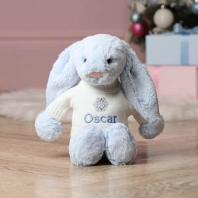 Personalised Jellycat medium bashful bunny soft toy with Christmas Snowflake jumper Christmas Gifts 2