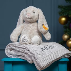 My First Steiff Hoppie Bunny beige soft toy and Toffee Moon luxury cable blanket gift set