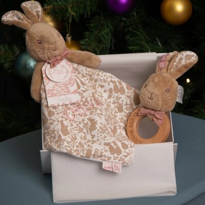 Flopsy Bunny signature collection personalised baby comfort blanket and wooden rattle gift set