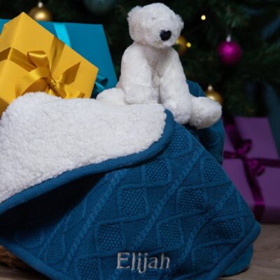 Ziggle personalised blue sherpa fleece cable baby blanket and Jellycat perry polar bear gift set