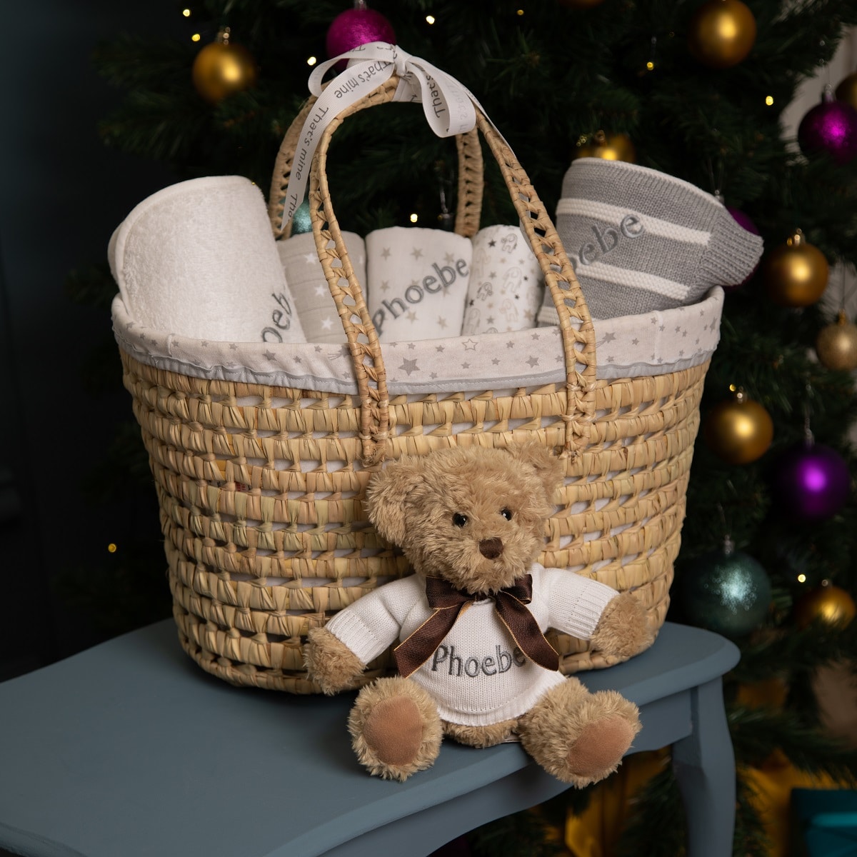 thats mine sweater personalised teddy with blankets in basket