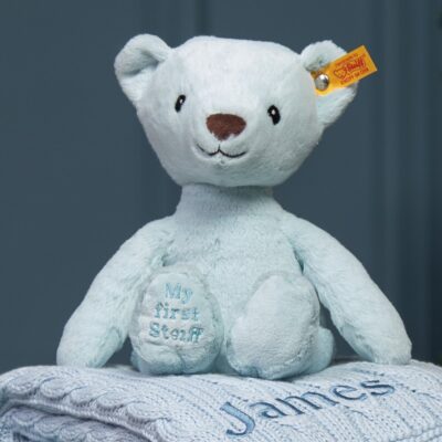 My First Steiff Teddy Bear blue soft toy and Toffee Moon luxury cable blanket gift set 2